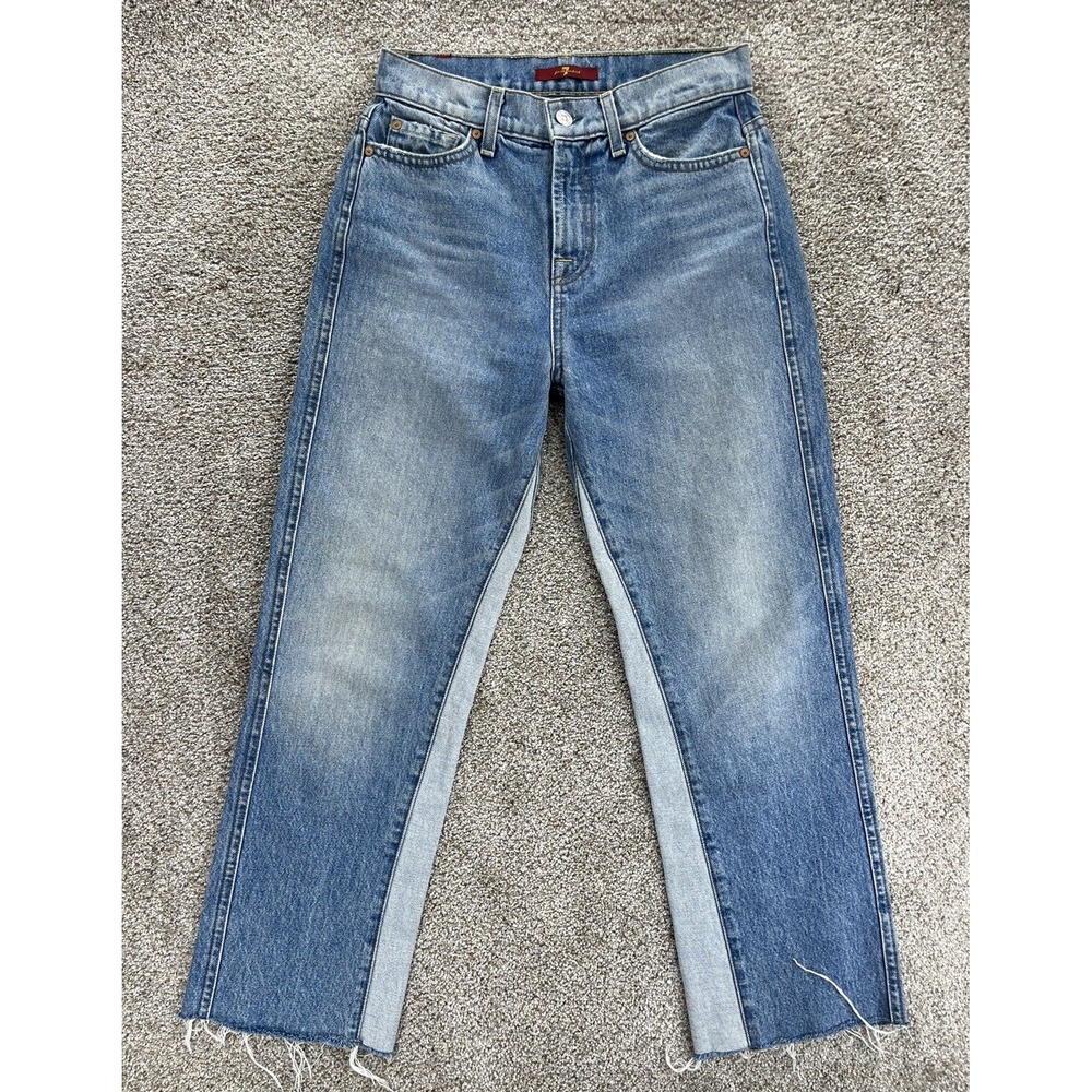 7 For All Mankind Jean Womens 24 Blue 2-Tone Kiki Straight Crop High Rise Cotton